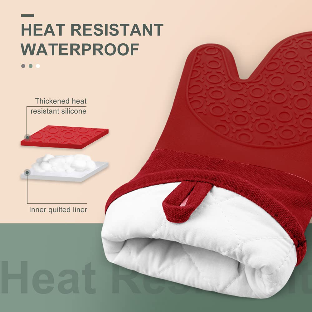 Sungwoo Extra Long Silicone Oven Mitts, Heat Resistant Oven Gloves With Quilted Liner Non-Slip Textured Grip Perfect For Bbq, Ba